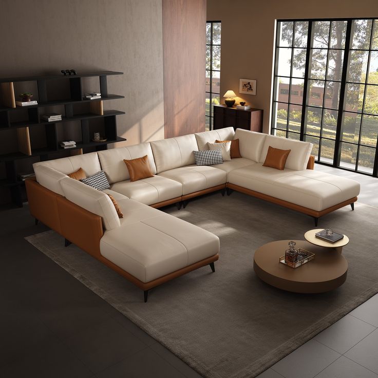 All-Leather U-Shaped Bumper Sectional - Gray _ Ottoman