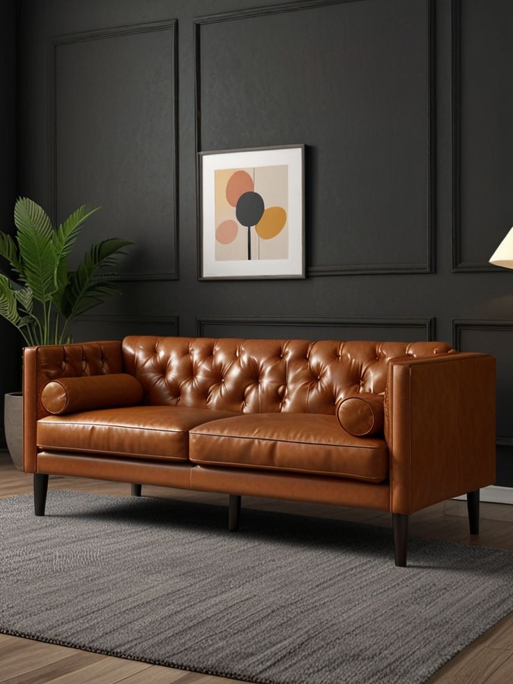 Leather Sofa,Mid-Century Modern Genuine Leather Couch,2 Seater Comfy Sofa with Tufted Cushions for L